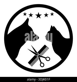 Illustration das Emblem der Pflege von Hunden und Katzen für Salons und Friseursalons in einem Kreis auf weißem Hintergrund Stock Vektor