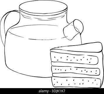 Eine Tasse Tee und ein Stück Kuchen mit Beeren. Handgezeichnete Darstellung der Komposition. Vektorgrafik Strichtinte Schwarz-weiß-Kunst. Geeignet zum Drucken von Stock Vektor