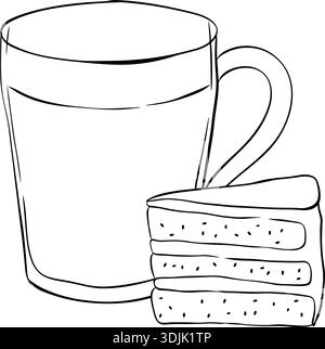 Eine handgezeichnete Illustration für eine Tasse Kaffee und ein Stück Kuchen. Grafik mit Vektorgrafik Schwarzweiß-Grafik. Für Poster, Einladung, Backdro Stock Vektor