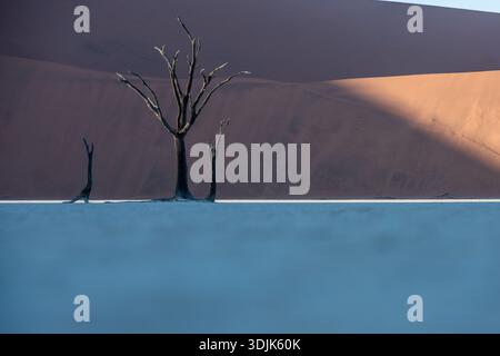 Nur eine Handvoll Fotografen wanderten zum Sonnenaufgang in der Salzpfanne von Sossusvlei. Es war klar, als die Sonne am frühen Morgen über den Dünen ragte. Stockfoto
