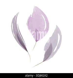 Drei zarte Aquarellblätter in violetten und grauen Tönen sind auf einem sauberen weißen Hintergrund dargestellt. Jedes Blatt hat einen weichen, lichtdurchlässigen künstlerischen Effekt, der auf ein sanftes botanisches Element hindeutet. Stock Vektor