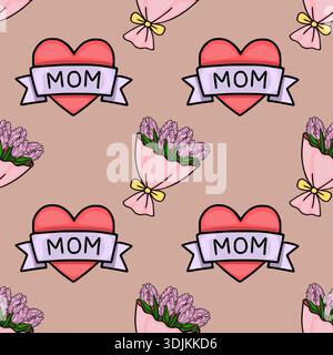 Nahtloses Vektormuster aus rosa Tulpen und Herzen mit „MAMA“-Text für Muttertag Stock Vektor