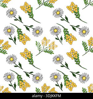 Nahtloses Vektormuster von zarten weißen Gänseblümchen und hellgelben tansy-Blüten mit grünen Blättern Stock Vektor