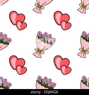 Nahtloses Vektormuster aus rosa Tulpen und roten Herzen, perfekt für Valentinstag- oder Muttertagsfeiern Stock Vektor