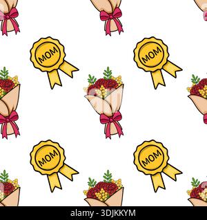 Nahtloses Vektormuster aus fröhlichen roten Nelkensträußen und goldenen „Mom“-Preisbändern mit rosa Schleifen, die Mütter feiern. Stock Vektor