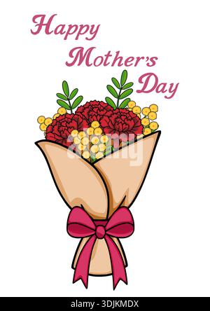 Happy Mother's Day Blumenstrauß Vektor Illustration mit roten Nelken und gelben Chrysanthemen gebunden mit einer rosa Schleife. Stock Vektor