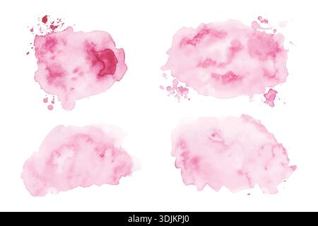 Pink Watercolor Spritzer und Flecken Set. Gemalter Aquarellfleck mit Tintentropfen, isoliert auf weißem Hintergrund. Vektorabbildung Stock Vektor