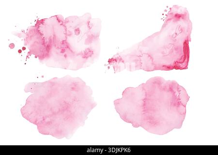 Set Mit Hellrosa Aquarellspritzern. Gemalter Aquarellfleck mit Flecken und Tintentropfen, isoliert auf weißem Hintergrund. Vektorabbildung Stock Vektor