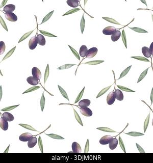 Schwarze Olivenzweige mit grünen Blättern. Handgezeichnete botanische Aquarellillustration. Nahtloses Muster auf weißem Hintergrund. Für Heimtextilien, Kleidung, Tapeten, Verpackungen, Geschenkpapier. Stockfoto