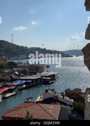 Blick aus einem hohen Winkel auf den Bosporus mit roten Häusern, Gebäuden am Wasser und grünen Hügeln von den Steinmauern der Festung Rumeli aus. Stockfoto
