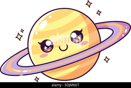 Kawaii Saturn Planet Vektor-Illustration, niedlicher Cartoon Space Charakter mit Ringen, Flat Art Stock Vektor