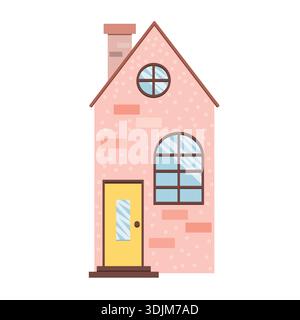 Niedliche Vektor-Illustration eines rosa Hauses in einem verspielten Märchenstil. Skurrile Kunstwerke für Kinder, Einrichtung im Kinderzimmer Stock Vektor