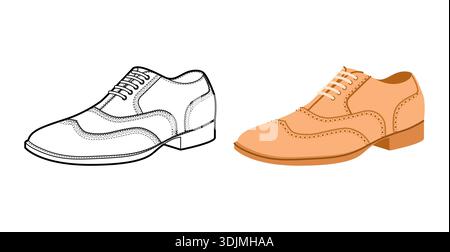 Beigefarbenes Plus-Line-Schuhset mit Brogue-Design für Herren. Schuhe aus perforiertem Leder mit klassischem Flügelspitzendetail, eleganter, legerer Bürostil. Technische Illustration CAD-Modell Skizzenvektorkontur isoliert auf weiß. Stock Vektor