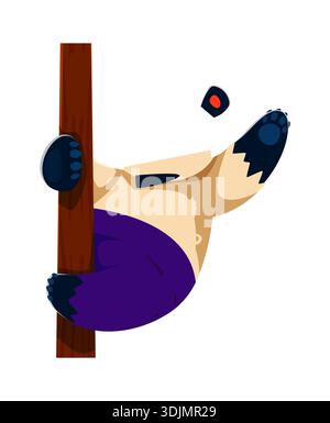 Cartoon-Panda-Tier-Piratenbesatzungsfigur trägt ein Kopftuch mit Schädel und gekreuzten Knochen, ein beiges Hemd, eine rote Schärpe und eine lila Hose, hält sich an einer Holzstange mit fröhlichem Ausdruck und trägt einen Dolch Stock Vektor