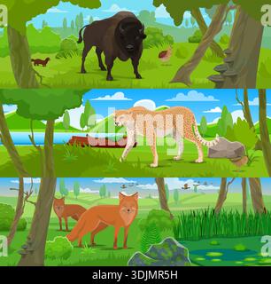 Zeichentrickfilm wilde Tiere, Jagdsport. Vektorbison, Rebhühner und Sable im Wald, Gepard in der Nähe des Sees, zwei Füchse neben grünen Büschen. Naturschutzgebiet, Naturpark, Jagd auf Sporttiere Stock Vektor
