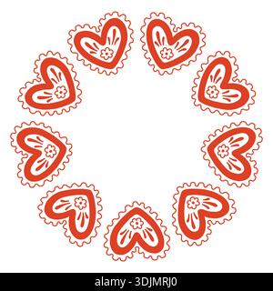 Skurrile Vektor-Illustration eines kreisförmigen Rahmens aus dekorativen Volksherzen. Niedliches handgezeichnetes Doodle-Design in Rot und weiß, perfekt für Stock Vektor