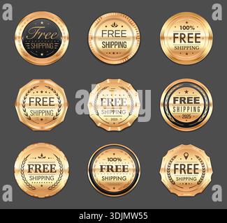 Goldene Abzeichen und Etiketten, Siegelsiegel, Medaillen oder Markierungen mit Lorbeerkränzen werden kostenlos versandt. Vektorset mit hochwertigen, glänzenden Metalldichtungen für E-Commerce-Werbung, Branding, Verkauf und Online-Shop-Lieferung Stock Vektor
