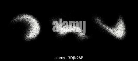 Spritzer mit Salz oder Zuckerpulver. Weiße Staub-, Sand- oder Schneehaufen. Fliegende Blütenpartikel platzen. Gewürze Flocken oder Granulat, die auf der Oberfläche verstreut sind. Vektor Stipple gesprühte Körnung Sprenkel, Punkte, Stücke Stock Vektor