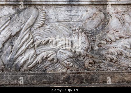 Eine Steinplatte mit einem geschnitzten Fisch in Xishan Mountain, Kunming, Yunnan, China. Stockfoto