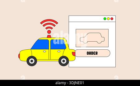 Online-Buchung des Transports. Eine Website, auf der Online-Buchungen für Transportmittel angezeigt werden. Der Offizier benutzt ein Gerät, um das Kennzeichen des Autos zu überprüfen Stock Vektor