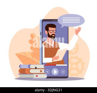 Lernprogramme. Online-Vorlesungen und -Kurse, virtuelle Schule, Fernunterricht, Videounterricht oder Webinar, Lehrer auf dem Bildschirm des Smartphones Stock Vektor