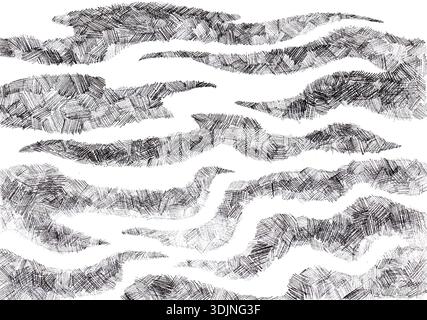 Abstrakte schwarz-weiße handgezeichnete Muster in Schraffurtechnik. Wellige, organische und dynamische Linien sorgen für eine auffällige Textur. Ausgezeichneter Hintergrund oder Out Stockfoto