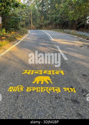 Straßenschilder beim Überqueren von Elefanten Warnung. Dieses Foto wurde aus Chittagong, Bangladesch, aufgenommen. Stockfoto