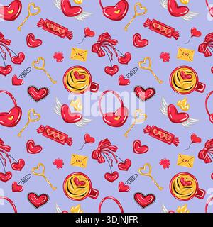 Valentinstag nahtlose Vektormuster mit niedlichen roten Herzen, Schlüsseln, Süßigkeiten, Kaffeetassen, Kirsche, Umschläge, Herzen und Flügel Stock Vektor