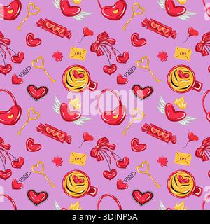 Valentinstag nahtlose Vektormuster mit niedlichen roten Herzen, Schlüsseln, Süßigkeiten, Kaffeetassen, Kirsche, Umschläge, Herzen und Flügel Stock Vektor