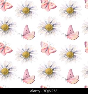Nahtloses Muster, rosa Schmetterlinge, Gänseblümchen-ähnliche Blumen. Handgemalte Aquarellillustration isoliert auf weiß für Textilien, Verpackungen, Schreibwaren Stockfoto