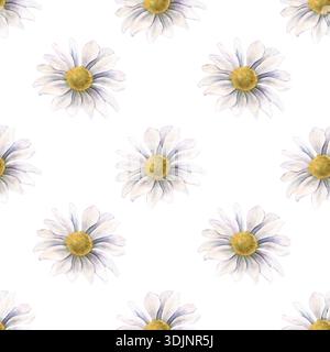Nahtloses Muster mit Chrysanthemen und Gänseblümchen. Handgemalte Aquarellillustration isoliert auf weiß für Textilien, Verpackungen, Schreibwaren Stockfoto