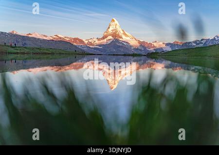 Blick auf einen spiegelähnlichen See, der das legendäre, schneebedeckte Matterhorn unter einem weichen, rosafarbenen Sonnenaufgang reflektiert, während die Wanderer die unberührte Landschaft Stellis genießen Stockfoto