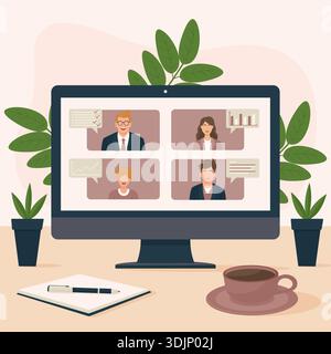 Videokonferenz auf Computerbildschirm mit Vektorillustration für Business Team-Gruppen. Stock Vektor