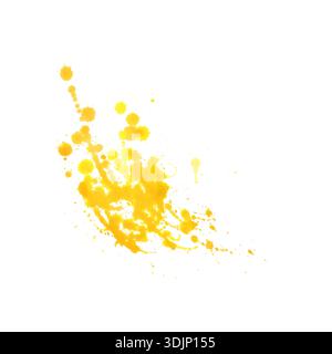 Aquarellgelb Splatter handgezeichnet. Abstrakte Zitrussafttropfen und Tintenflecken isoliert auf weißem Hintergrund. Stockfoto