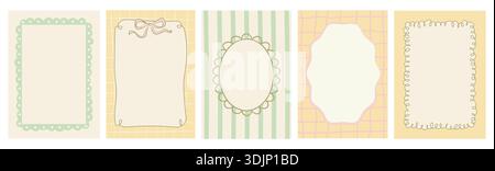 Pastellkarte mit handgezeichneten unperfekten Skizzenrändern, Jakobsmuscheln, Schleifen, Streifen und Gittern in Vintage-Farben. Coquette Stock Vektor