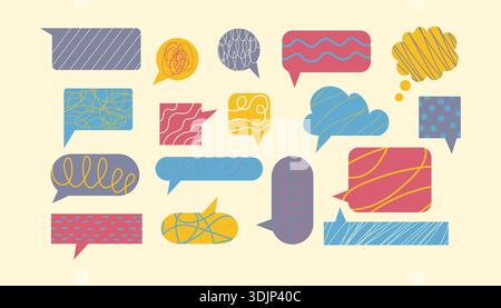 Abstrakte Sprechblasen im Retro-Stil. Entwerfen Sie eine Chat-Cloud-Vorlage mit Scribble-Textur. Skizze Aufkleber flach Illustration. Vektor Stock Vektor
