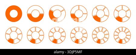 Diagramme mit Symbolen für Torten und orangefarbene Abschnittsdiagramme in Pizzaform. Kreisdiagramm unterteilt in 12 gleiche Teile. Orangefarbene leere Vorlage für Coaching. Satz Segmente Rad Stock Vektor