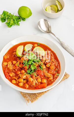 Marokkanischer Hähncheneintopf mit Paprika und Kichererbsen Stockfoto