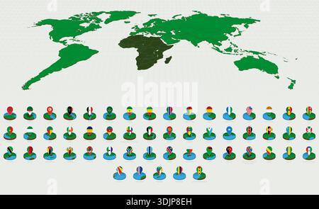 Alphabetisch sortierte afrikanische Karten, isometrisches rundes Design mit Flaggen. Runde Isometrische Karten. Stock Vektor