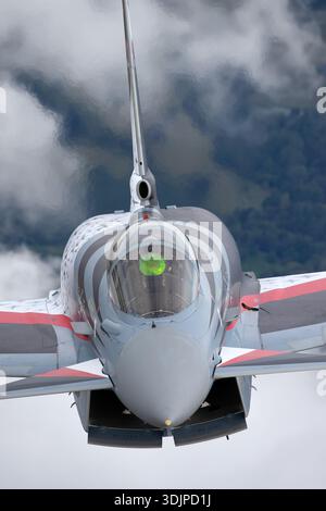 Luftwaffe Eurofighter EF-2000 Typhoon S der Deutschen Luftwaffe erscheint in einem Nahaufnahme-Foto auf dem Royal International Air Tattoo 2019. Das Flugzeug ist mit zwei Eurojet EJ200-Turbofan-Motoren für Hochleistungsflüge ausgestattet. Abgebildet ist das Flugzeug 3025 mit tlg 71 Markierungen, die mit der Spirit of Richthofen Gedenklackierung versehen sind. Das Bild hebt die Cockpitverglasung, den Nasenkonus und den vorderen Flugzeugrahmen hervor. Stockfoto