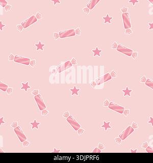 Süße rosafarbene Süßigkeiten und nahtloses Sternenmuster. Niedliche Pastell-Vektor-Illustration für Kinderzimmer, Geschenkverpackung und Textildesign. Hochwertiges Wimsic Stock Vektor