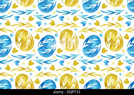 Nahtloses Muster von blauen und goldenen Aquarellen Ostereiern und Blumen auf weißem Hintergrund. Dekorationsdruck für Textilien, Geschirr und Kleidung im Frühling. Handgemaltes Blumendesign. Stockfoto