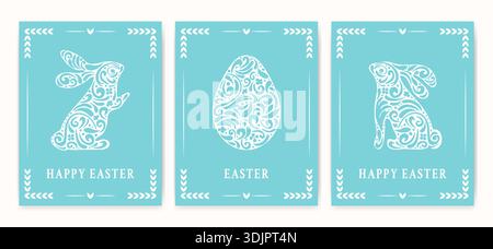 Ein Satz von Ostergrüßungspostern. Vintage-Design mit Typografie und handgezeichnetem dekorativem Ornamental. Eine Vorlage für Weihnachtsgrußkarten, Flyer für Frühjahrsverkäufe und Postkarten. Stock Vektor