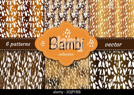 Nahtlose Bambi-Kollektion mit Punkten, Punktmuster und Tiermuster. Trendiges Vektorset für Stoff-, Verpackungspapier- und Bekleidungsdesigns. Stock Vektor