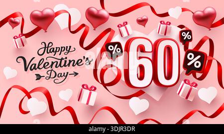 Happy Valentines Day 60 % Rabatt auf Werbebanner mit Herzen, Bändern und Geschenken für festliche Aktionen. Vektorabbildung. Stock Vektor