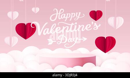 Happy Valentines Day Hintergrund mit 3D-Papierherzen und Podium auf einem rosa Verlauf mit Wolken. Vektorabbildung. Stock Vektor