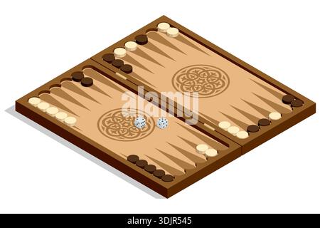 Backgammon-Platine. Isometrische Backgammon-Platine mit Chip und Würfeln. Traditionelles Tabletop-Spielkonzept für Strategie, Logik und Freizeit-Illustration in Stock Vektor