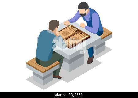 Backgammon-Platine. Isometrische Backgammon-Platine mit Chip und Würfeln. Traditionelles Tabletop-Spielkonzept für Strategie, Logik und Freizeit-Illustration in Stock Vektor