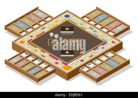 Brettspiel im Monopoly-Stil. Isometrisches Brettspiel mit Immobilienfeld, Geld, Würfeln und Spielermarken. Klassisches Strategiekonzept für die Unterhaltung Stock Vektor