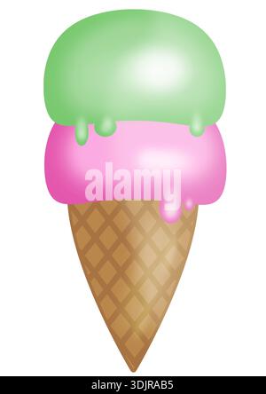 Zwei Kugeln Eis in Waffelkegel Illustration isoliert auf weißem Hintergrund Stockfoto